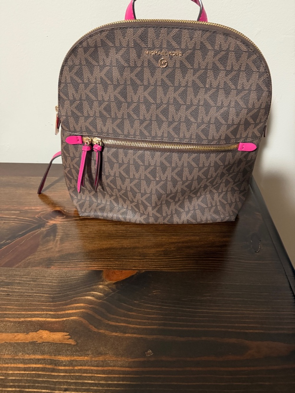 Michael Kors Brown Signature Backpack with Pink Accents